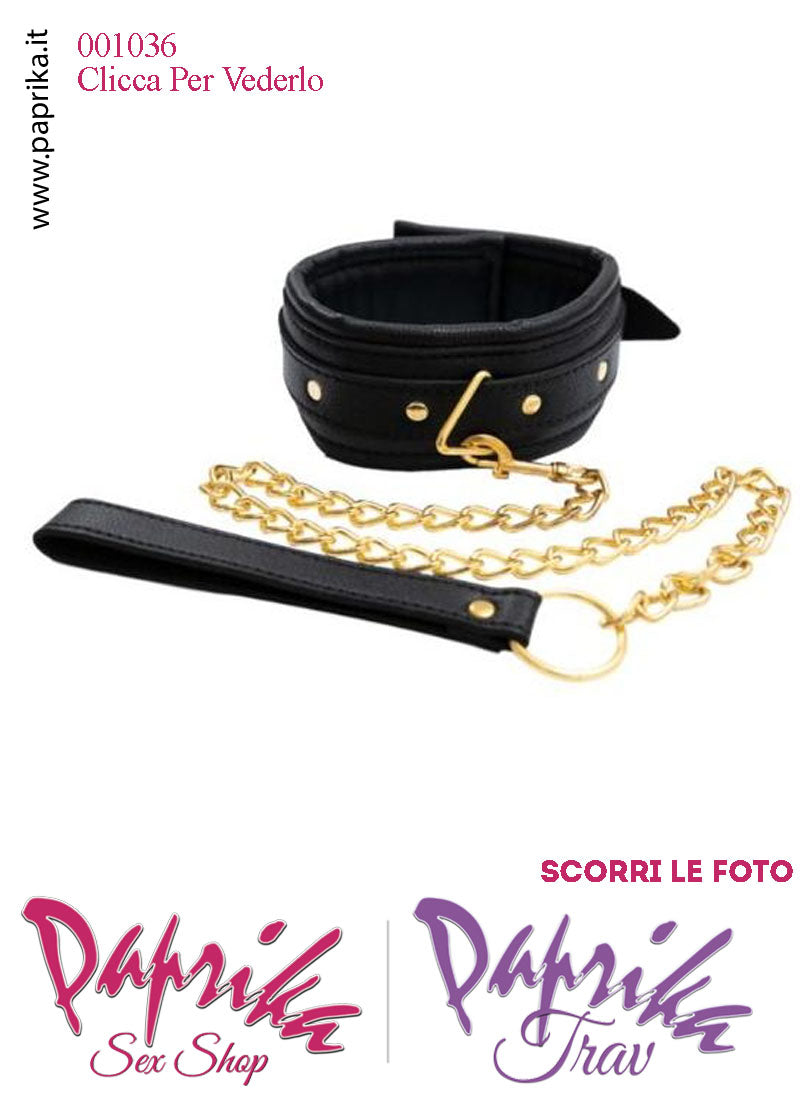 Collare Alto 55 mm Ecopelle Anello Guinzaglio Metallo Oro Moschettone