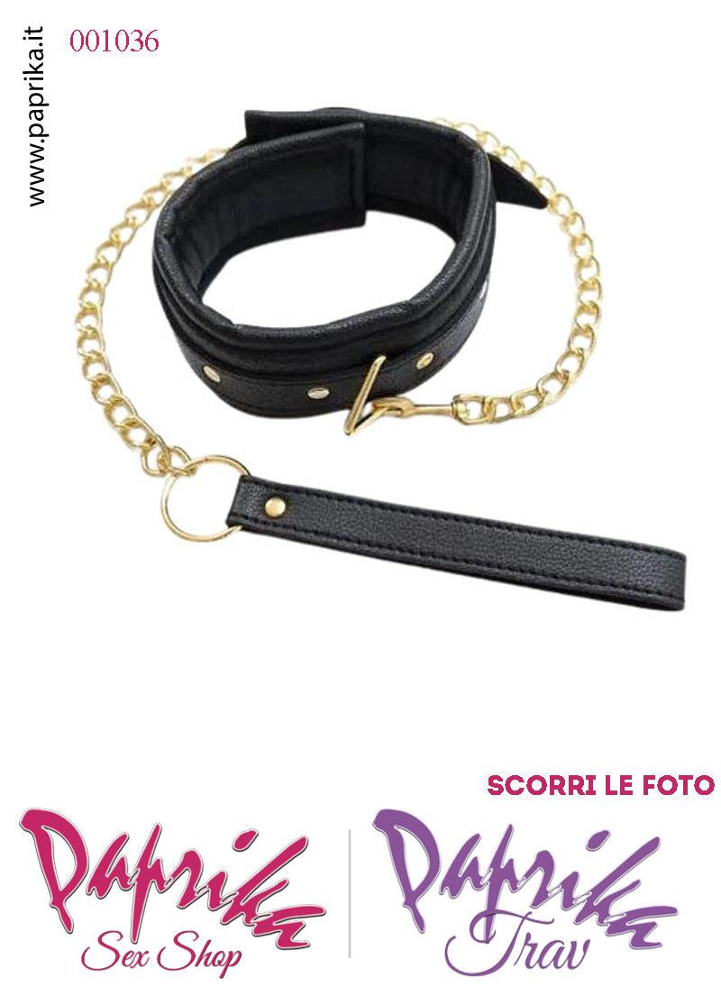 Collare Alto 55 mm Ecopelle Anello Guinzaglio Metallo Oro Moschettone