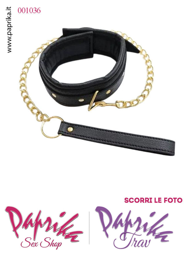 Collare Alto 55 mm Ecopelle Anello Guinzaglio Metallo Oro Moschettone