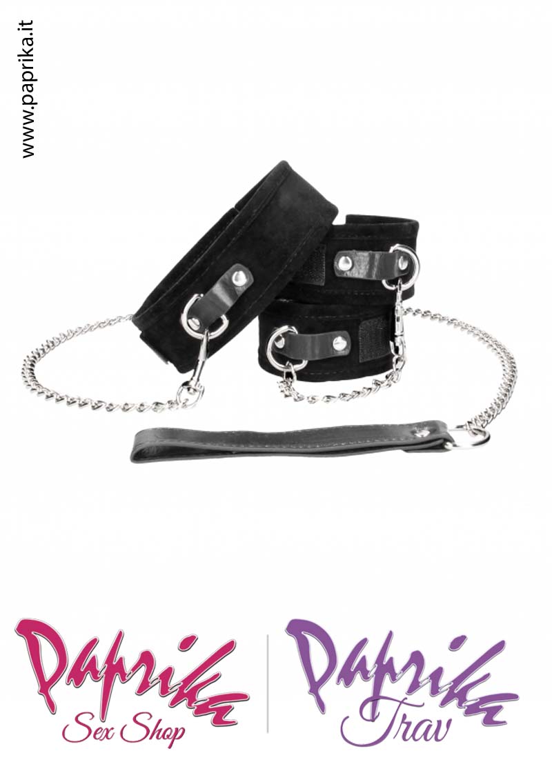 Set Collare Guinzaglio Manette Pelle Scamosciata Catena