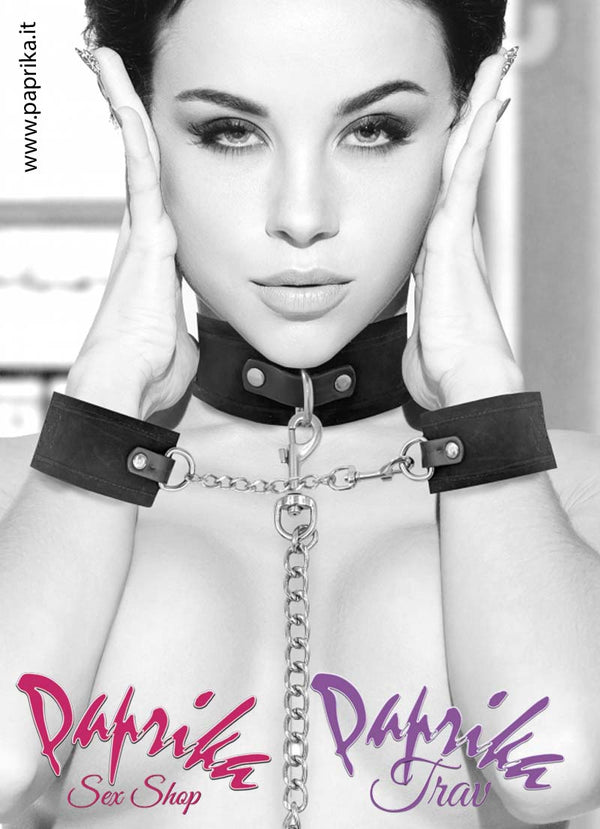 Set Collare Guinzaglio Manette Pelle Scamosciata Catena