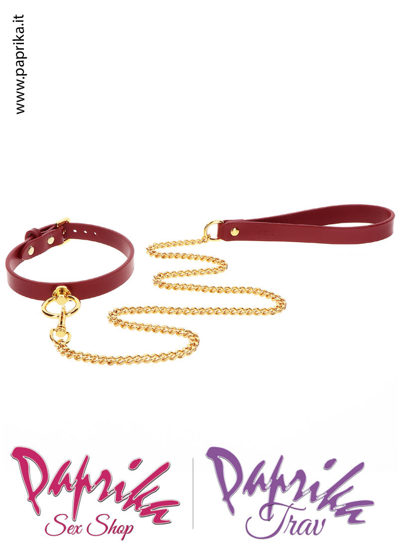 Collare Basso Pelle Vegan Rosso Anello Guinzaglio Catena Oro Moschettone