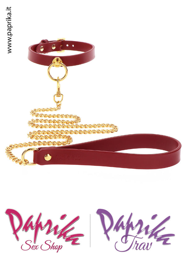 Collare Basso Pelle Vegan Rosso Anello Guinzaglio Catena Oro Moschettone
