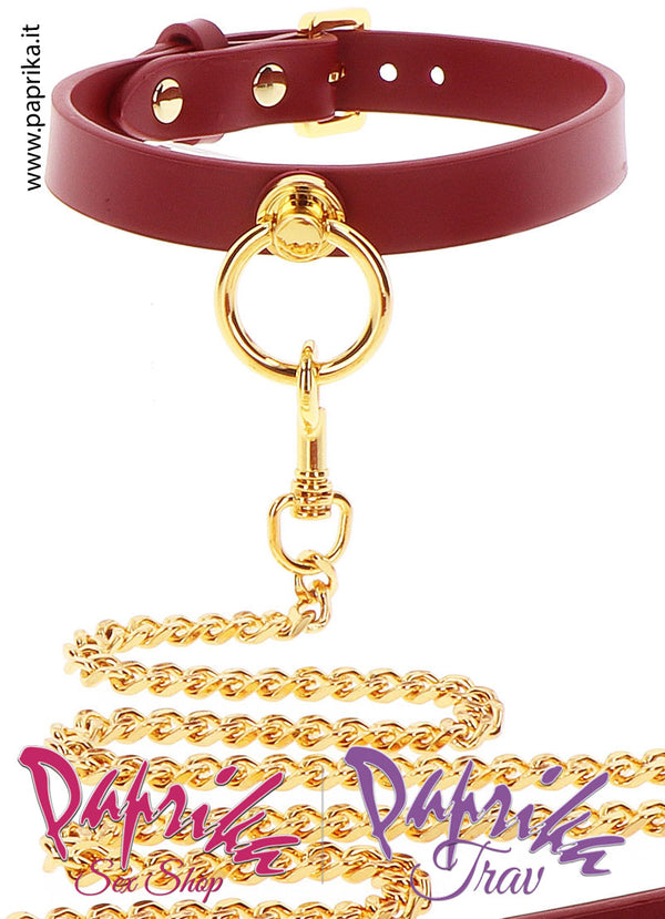 Collare Basso Pelle Vegan Rosso Anello Guinzaglio Catena Oro Moschettone