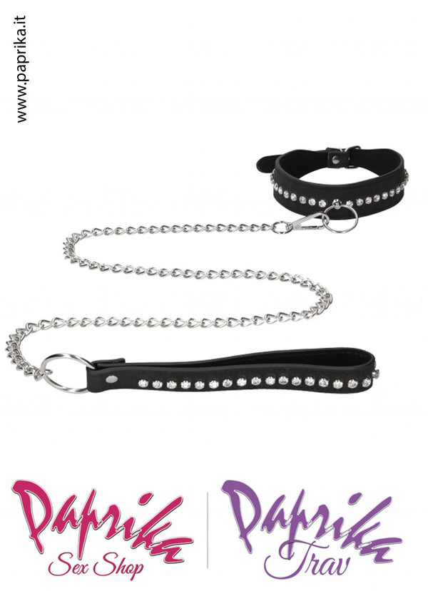 Collare Guinzaglio Sadomaso Ecopelle Strass Catenella