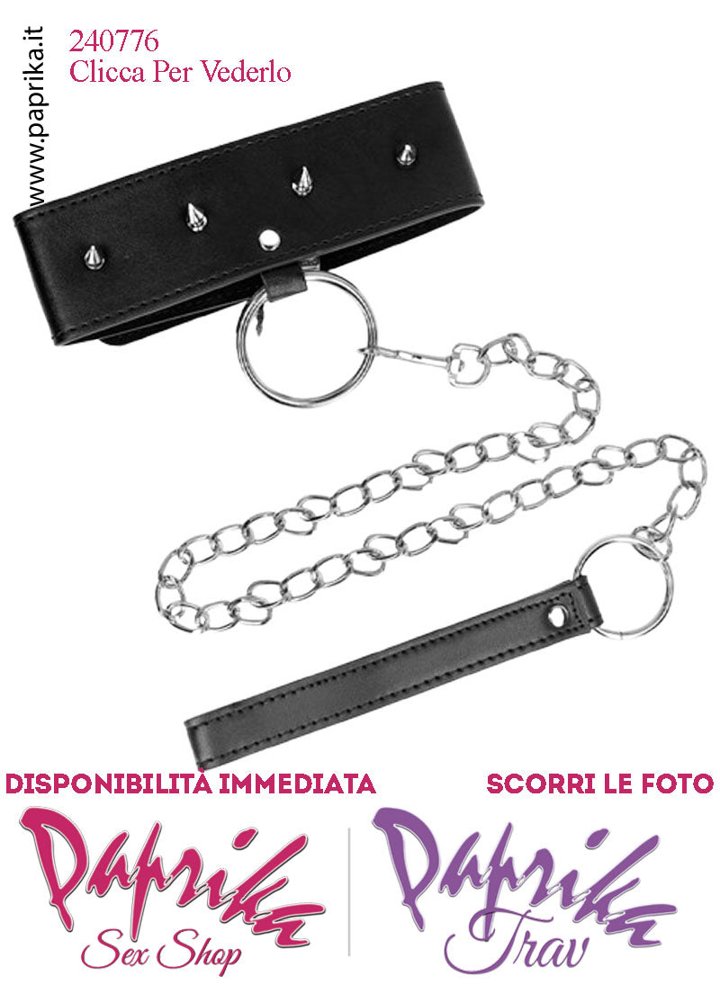 Collare Alto 50 mm Ecopelle Borchie Punta Anello Guinzaglio Lungo Moschettone