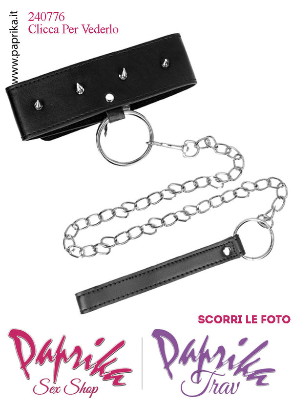 Collare Alto 50 mm Ecopelle Borchie Punta Anello Guinzaglio Lungo Moschettone
