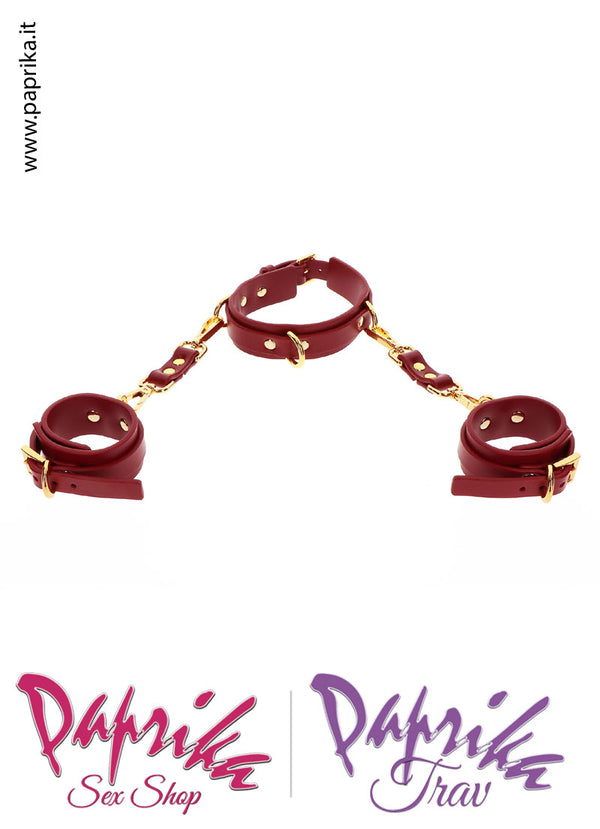 Collare Polsiere Staccabili Bdsm Pelle Vegan Anelli Moschettoni Oro