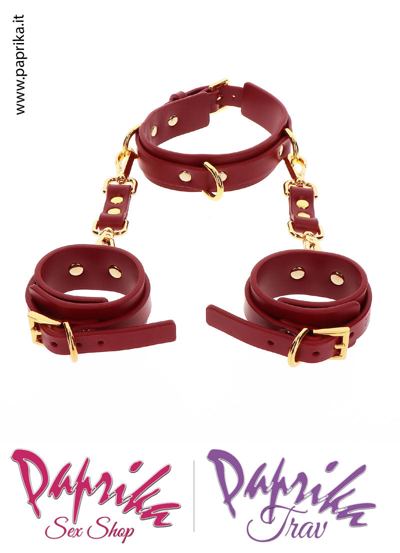 Collare Polsiere Staccabili Bdsm Pelle Vegan Anelli Moschettoni Oro