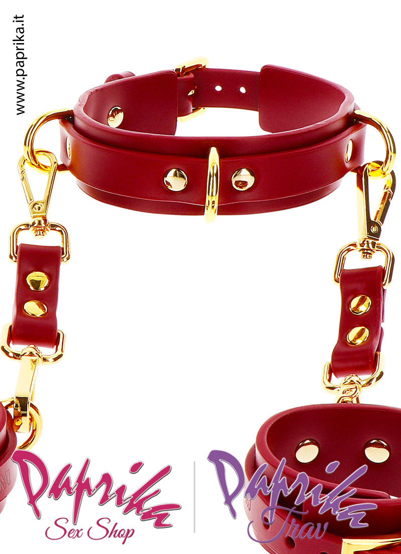 Collare Polsiere Staccabili Bdsm Pelle Vegan Anelli Moschettoni Oro