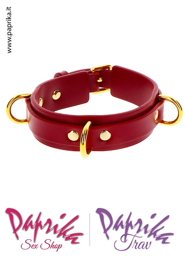 Collare Basso Pelle Vegan Rosso 3 Anelli Oro Fibbia Posteriore