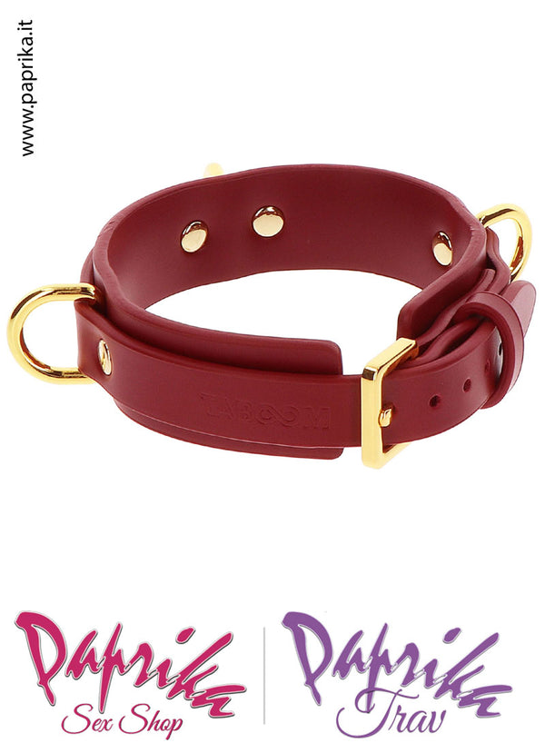 Collare Basso Pelle Vegan Rosso 3 Anelli Oro Fibbia Posteriore