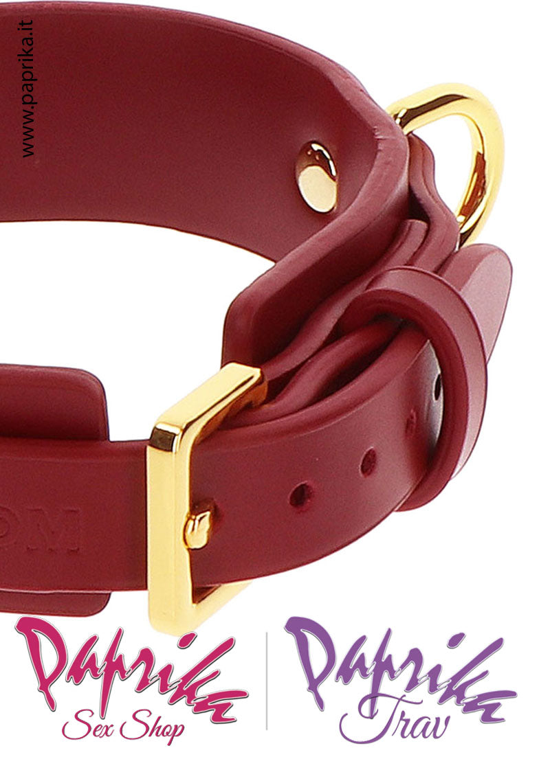 Collare Basso Pelle Vegan Rosso 3 Anelli Oro Fibbia Posteriore
