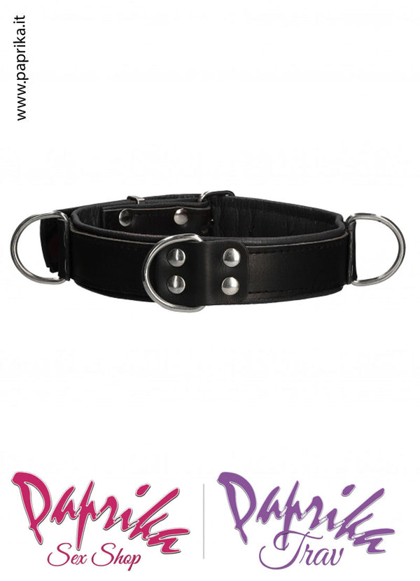 Collare Bdsm Fetish Basso Imbottito Cuoio Rigenerato 3 Anelli