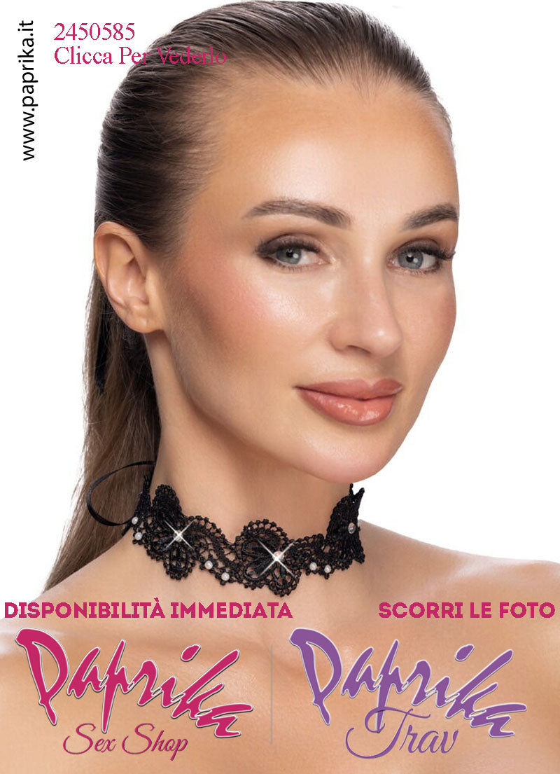 Collarino Altezza 40 mm Pizzo Lavorato Perline Strass Allacciatura Posteriore