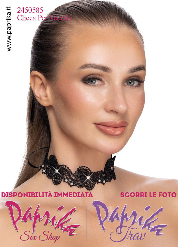 Collarino Altezza 40 mm Pizzo Lavorato Perline Strass Allacciatura Posteriore
