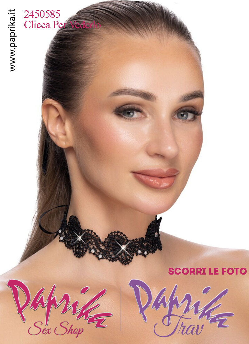 Collarino Altezza 40 mm Pizzo Lavorato Perline Strass Allacciatura Posteriore