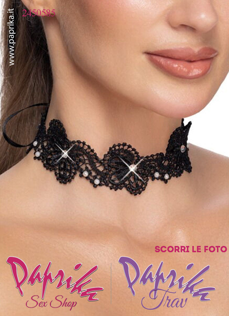 Collarino Altezza 40 mm Pizzo Lavorato Perline Strass Allacciatura Posteriore