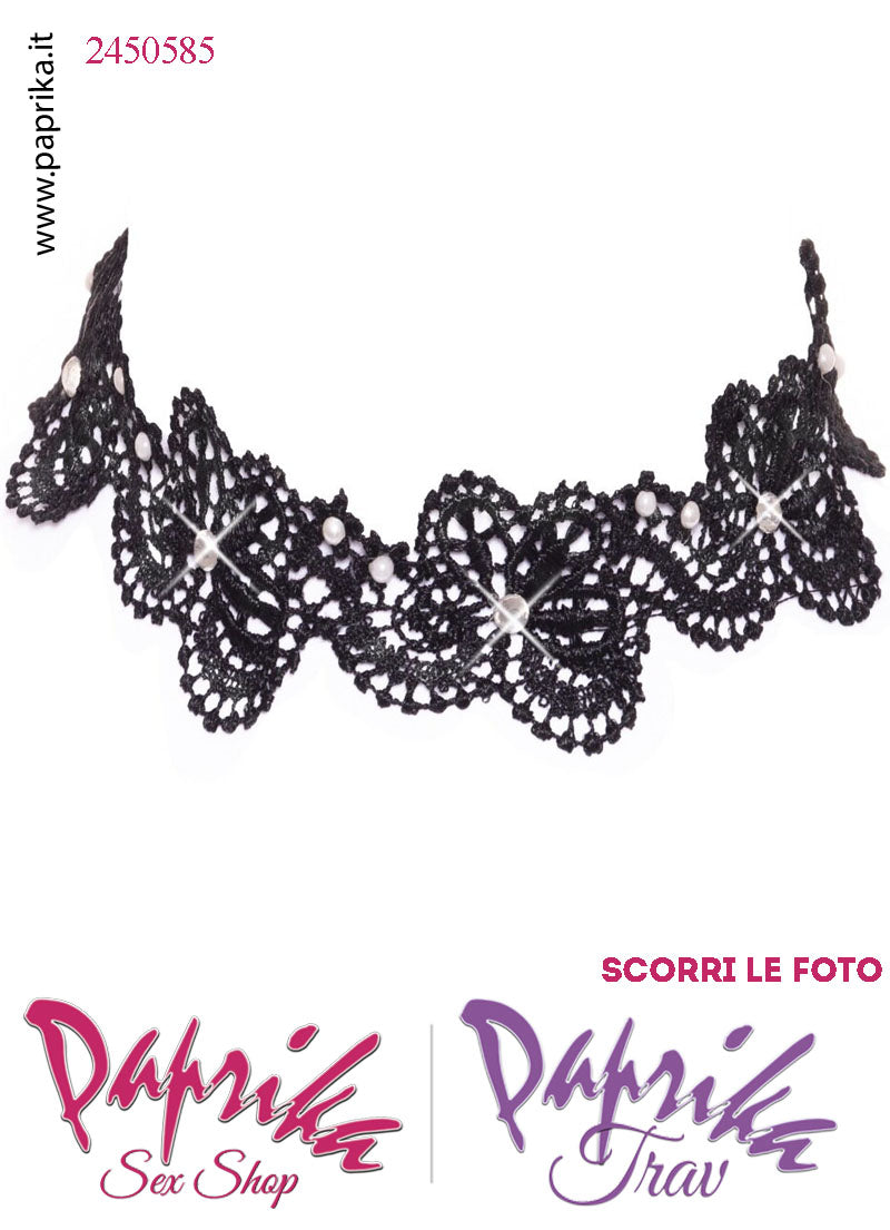 Collarino Altezza 40 mm Pizzo Lavorato Perline Strass Allacciatura Posteriore