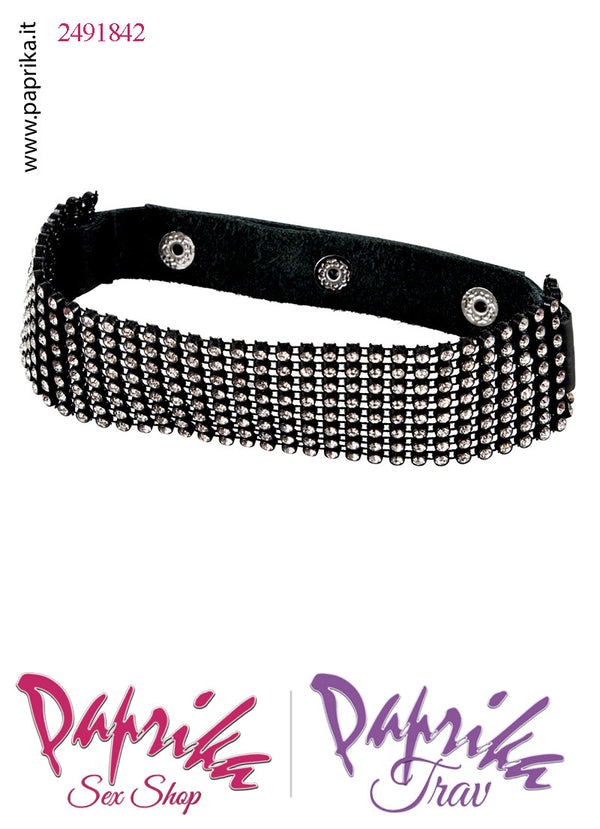 Collarino Alto 4 cm Ecopelle 8 File Strass Sintetici Tre Automatici Posteriori