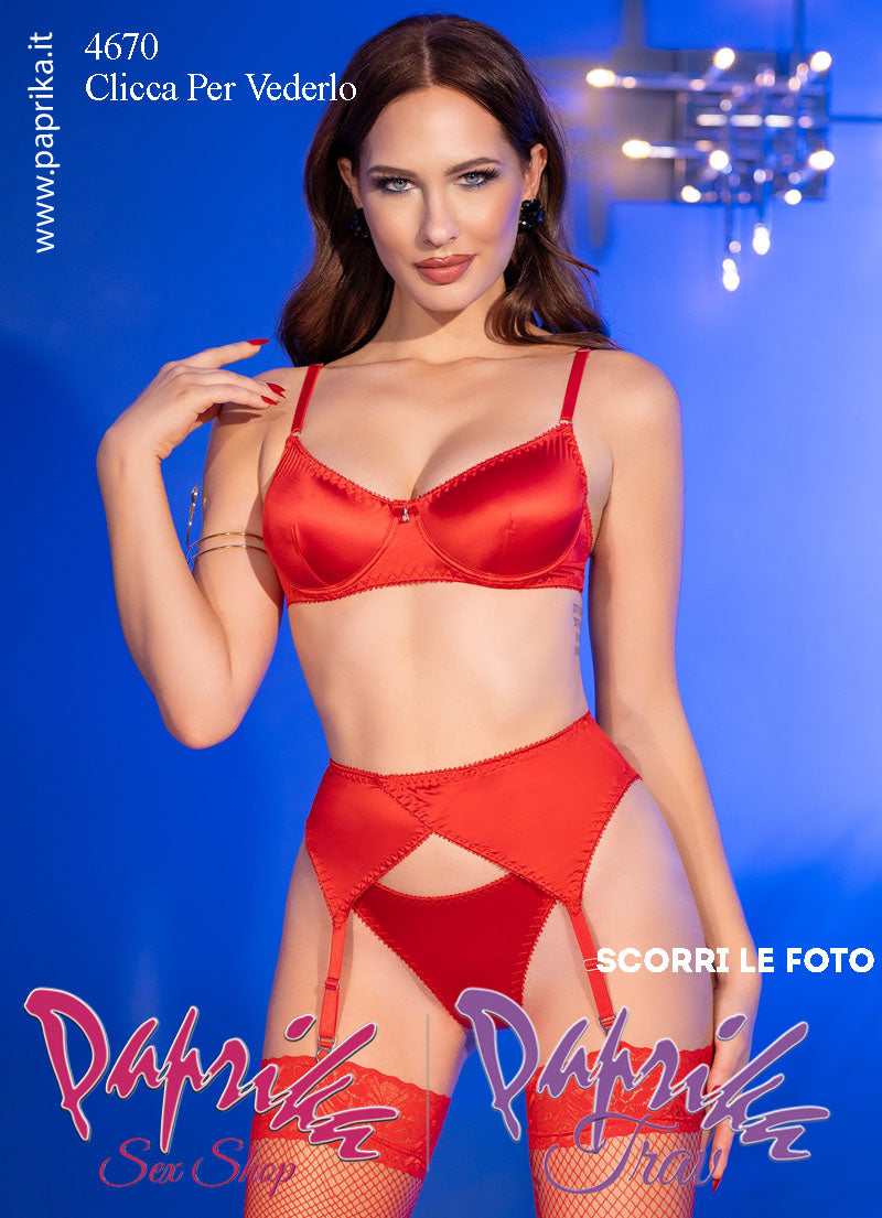 Completino Sexy 4 Pezzi Rosso Raso Lucido Ferretto Ciondolo Strass