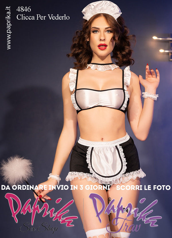 Costume Sexy Cameriera 9 Pezzi Tessuto Calze a Rete Sissy Maid