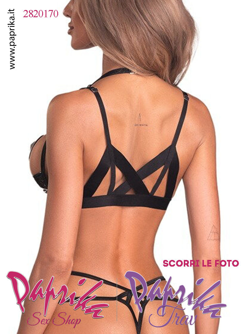 Completino 2 Pezzi Sexy Vernice Lucida Reggiseno Balconcino Perizoma Aperto