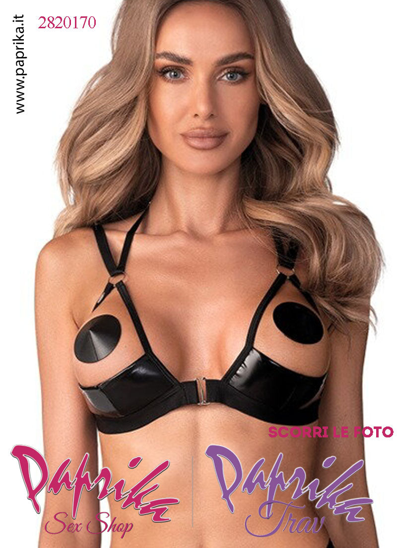 Completino 2 Pezzi Sexy Vernice Lucida Reggiseno Balconcino Perizoma Aperto