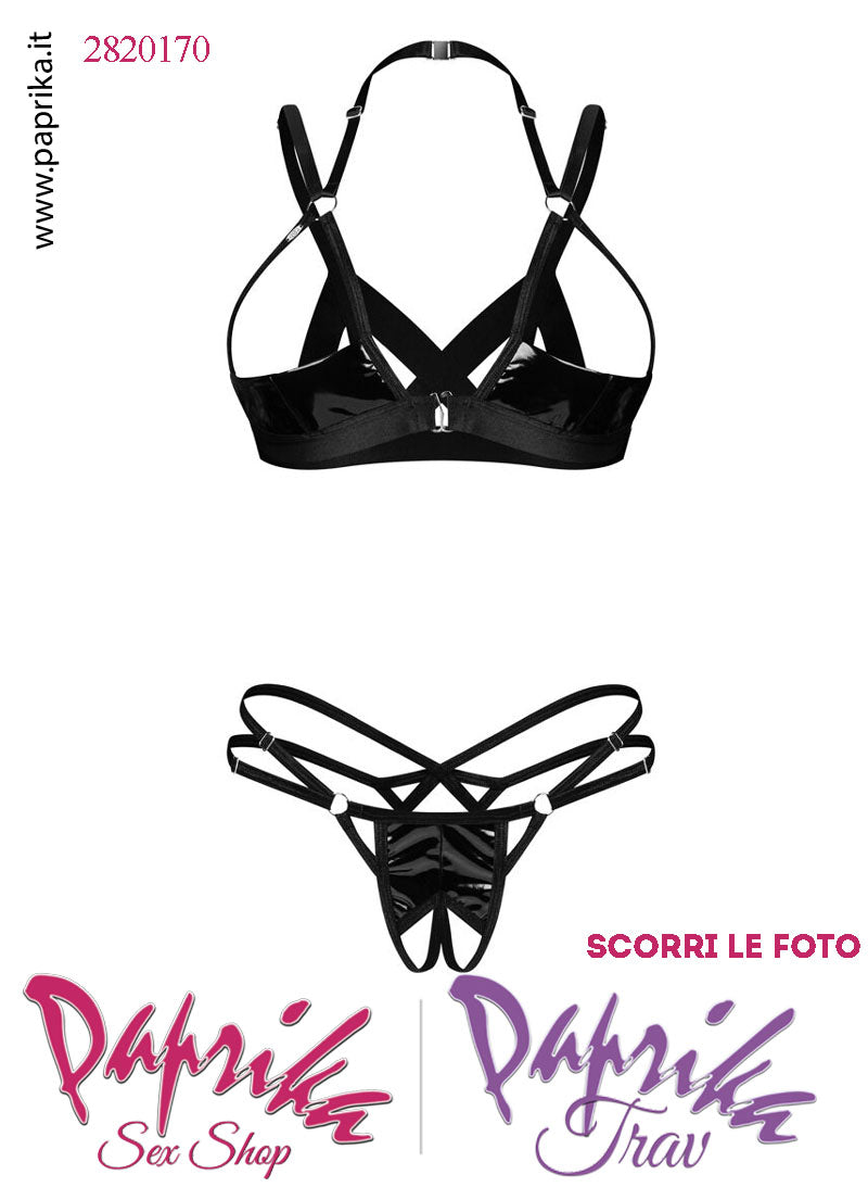 Completino 2 Pezzi Sexy Vernice Lucida Reggiseno Balconcino Perizoma Aperto