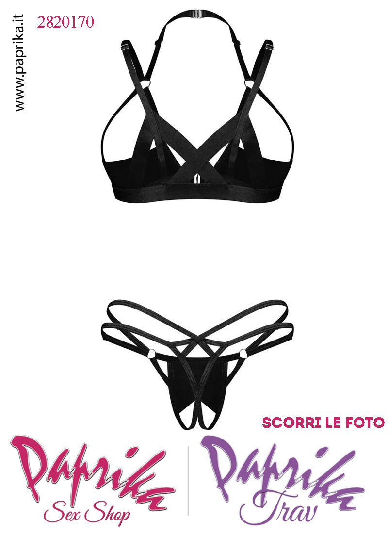 Completino 2 Pezzi Sexy Vernice Lucida Reggiseno Balconcino Perizoma Aperto