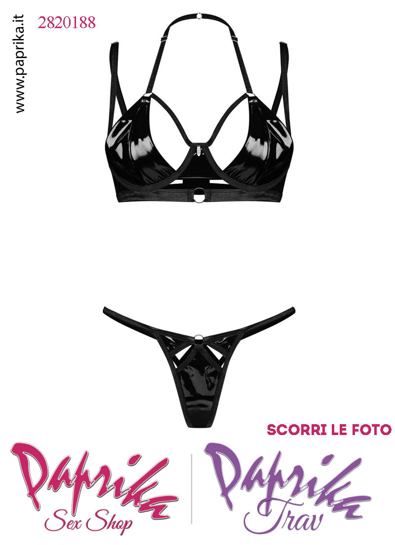 Completino 2 Pezzi Sexy Vernice Lucida Reggiseno Perizoma Chiuso