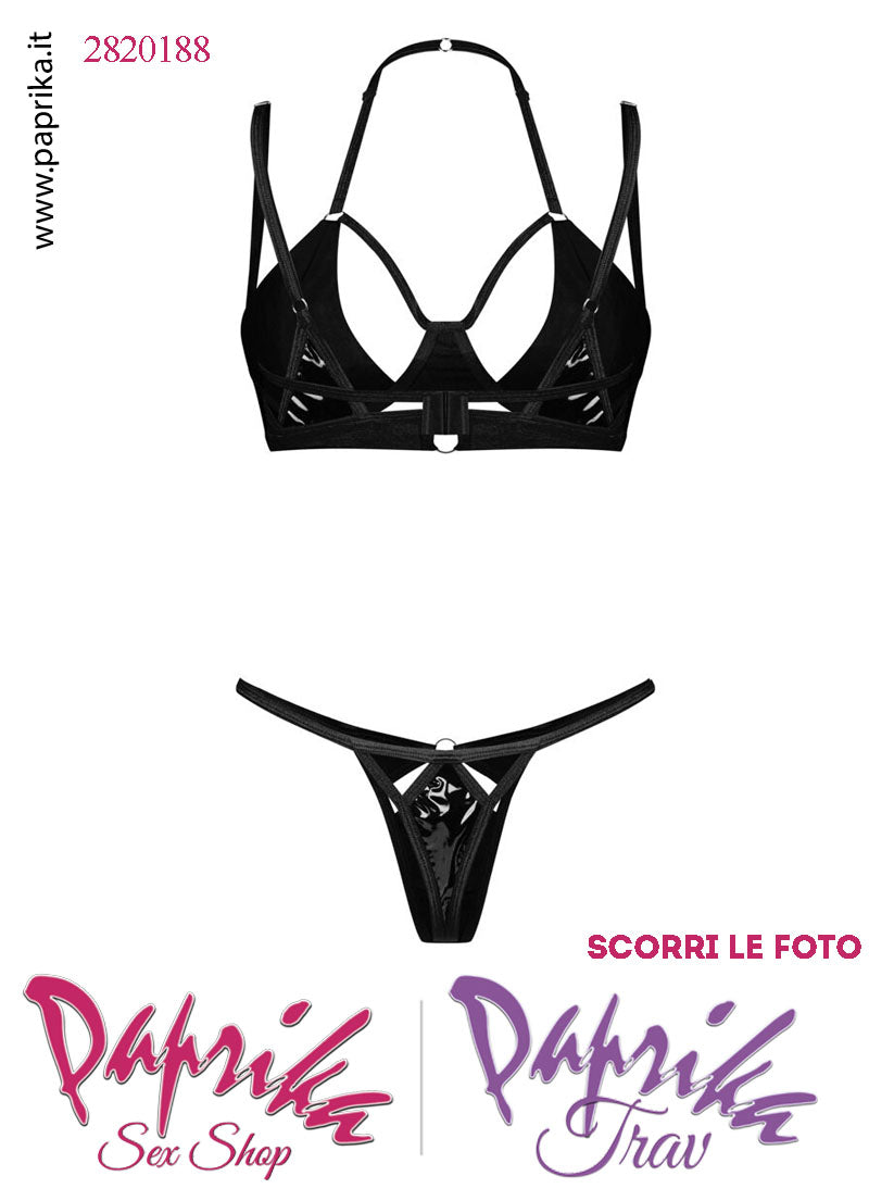 Completino 2 Pezzi Sexy Vernice Lucida Reggiseno Perizoma Chiuso