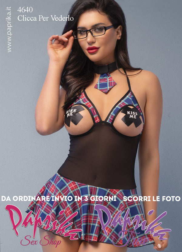 Costume Sexy Scolaretta Seno Nudo 6 Pezzi Tessuto Scozzese Tulle