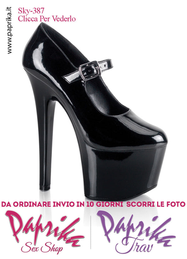 Décolleté Sexy Tacco Squadrato Nero Vernice Lucida 17.8 Zeppa 7 Cinturino