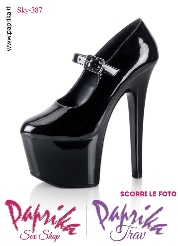 Décolleté Sexy Tacco Squadrato Nero Vernice Lucida 17.8 Zeppa 7 Cinturino