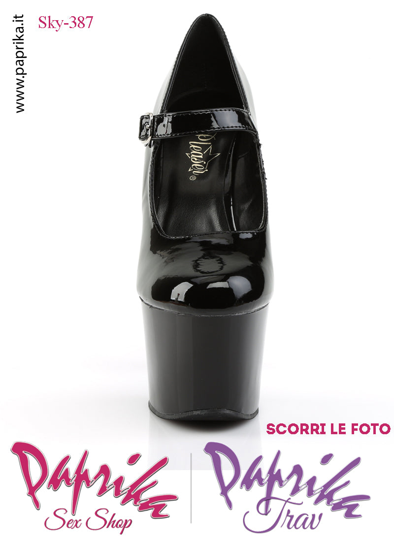 Décolleté Sexy Tacco Squadrato Nero Vernice Lucida 17.8 Zeppa 7 Cinturino