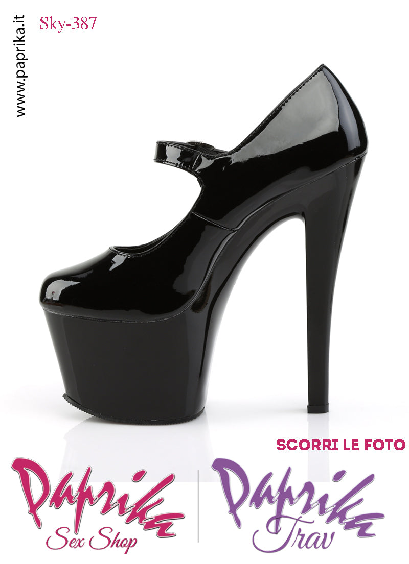 Décolleté Sexy Tacco Squadrato Nero Vernice Lucida 17.8 Zeppa 7 Cinturino