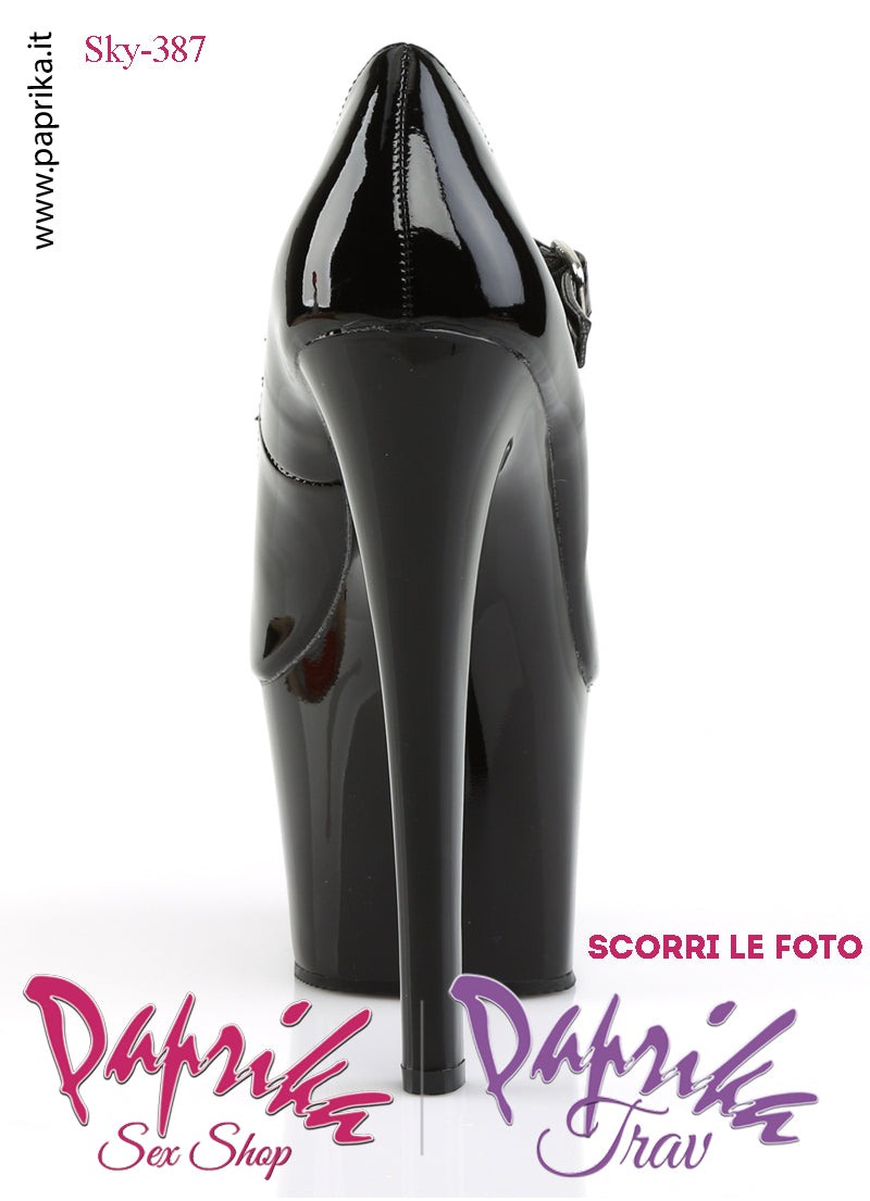 Décolleté Sexy Tacco Squadrato Nero Vernice Lucida 17.8 Zeppa 7 Cinturino