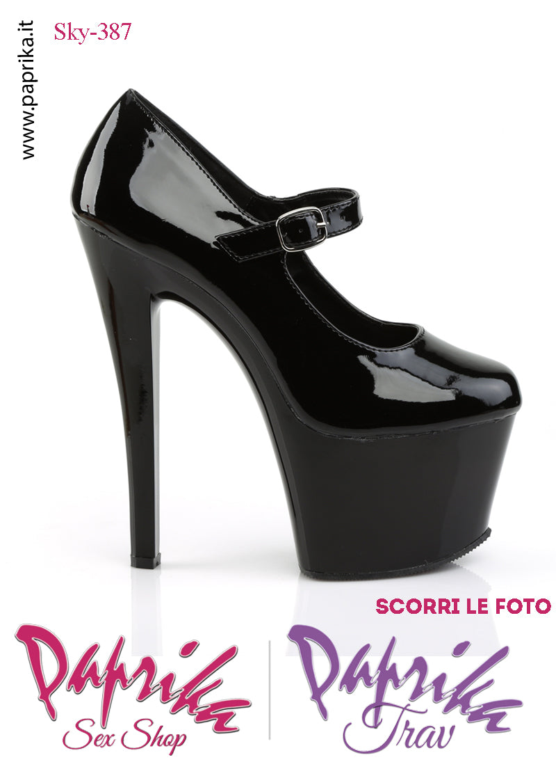 Décolleté Sexy Tacco Squadrato Nero Vernice Lucida 17.8 Zeppa 7 Cinturino