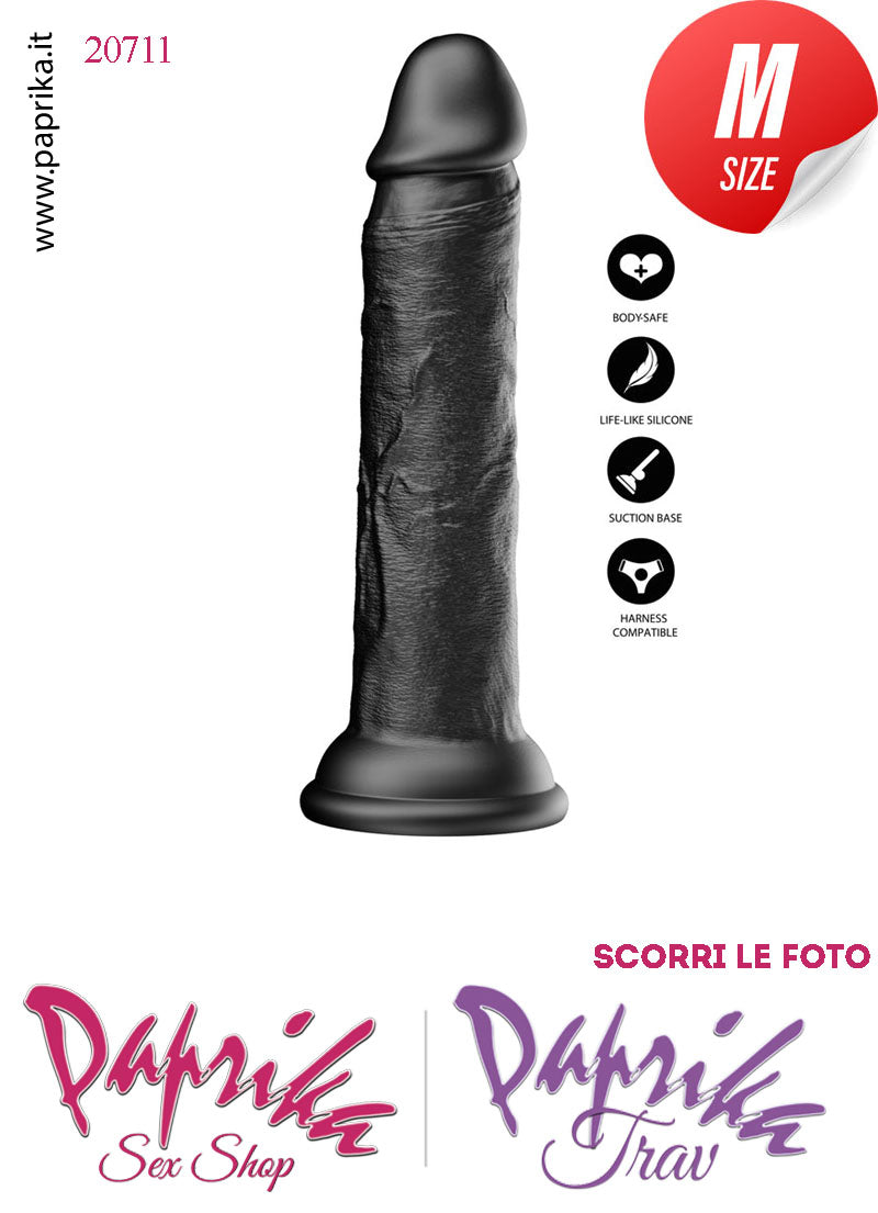 Dildo Unisex Nero Medium Silicone Flessibile 19 cm Ø 35 Non Vibrante Ventosa