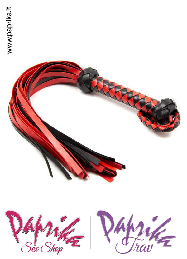 Frusta Whip Sadomaso 48 cm Strisce Pelle Sottili Bicolore Manico Legno