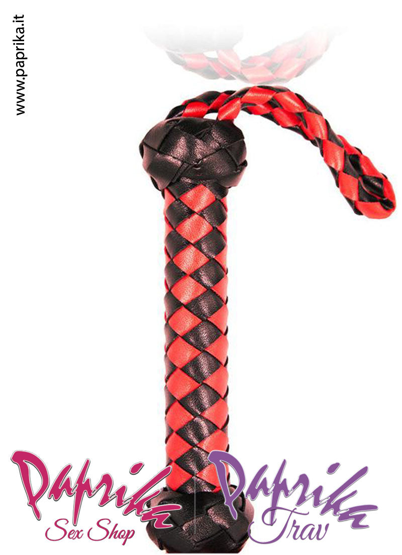 Frusta Whip Sadomaso 48 cm Strisce Pelle Sottili Bicolore Manico Legno