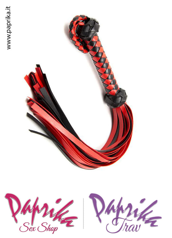 Frusta Whip Sadomaso 48 cm Strisce Pelle Sottili Bicolore Manico Legno