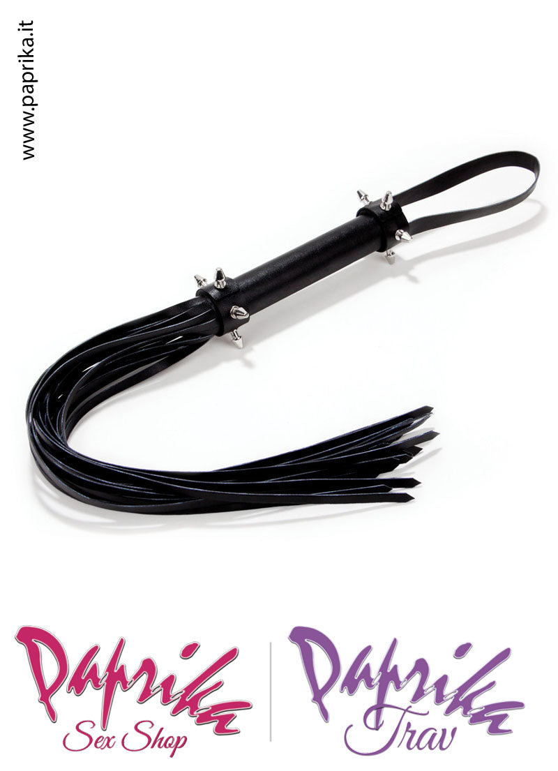 Frusta Whip Bdsm Pelle 53 cm Manico Legno Borchie Punta