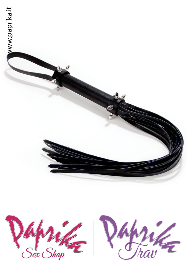 Frusta Whip Bdsm Pelle 53 cm Manico Legno Borchie Punta