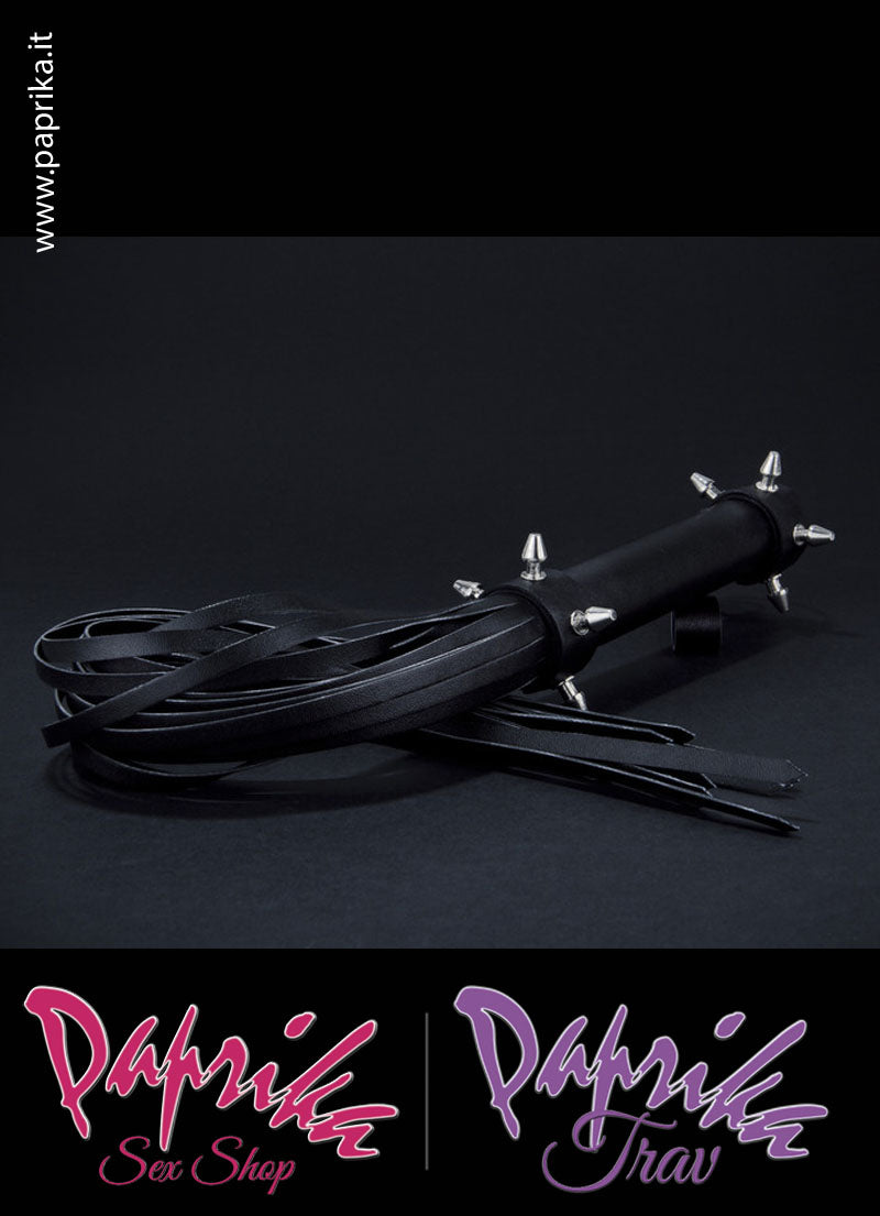 Frusta Whip Bdsm Pelle 53 cm Manico Legno Borchie Punta