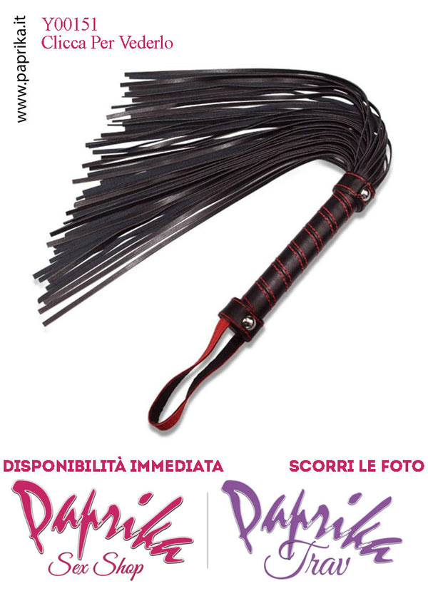Frusta Flogger Indolore Bdsm Pelle 45 cm Manico Legno Bicolore Borchie