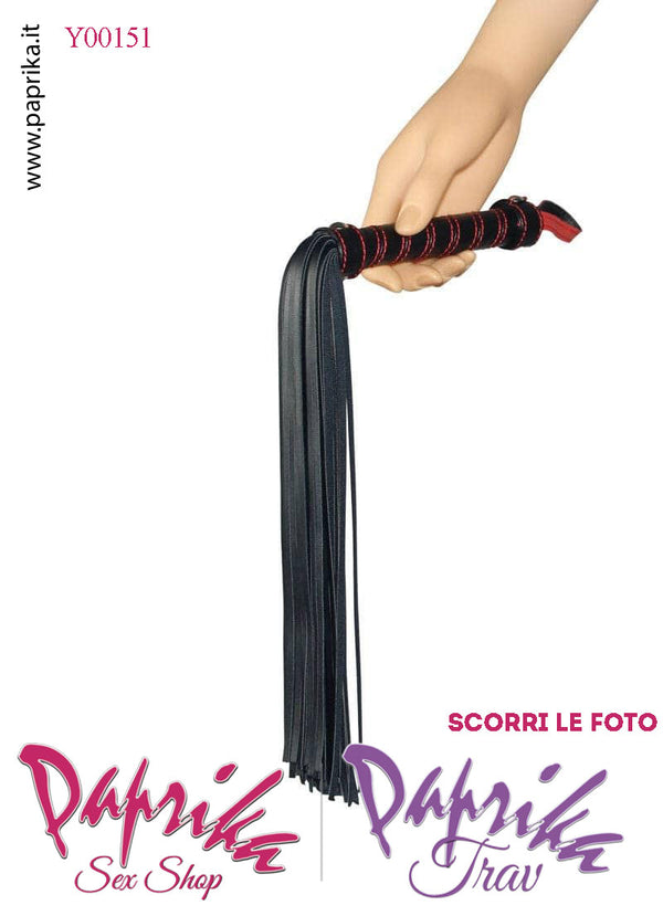 Frusta Flogger Indolore Bdsm Pelle 45 cm Manico Legno Bicolore Borchie