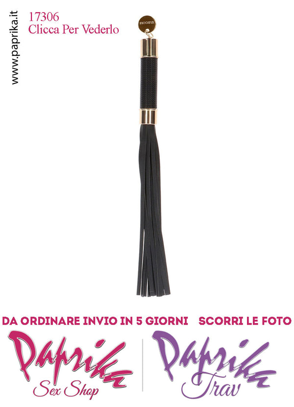 Frusta Flogger Indolore Bdsm EcoPelle 33 cm Manico Inserti Oro