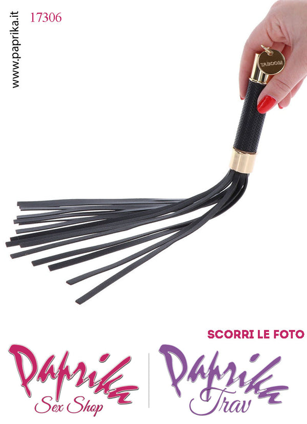Frusta Flogger Indolore Bdsm EcoPelle 33 cm Manico Inserti Oro